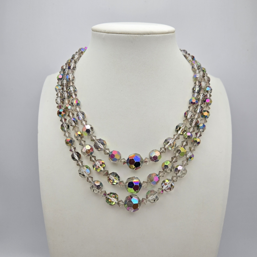 Smokey Gray Aurora Borealis AB Necklace Glass Crystal Multistrand 50s 60s Beaded